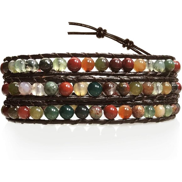 Leather Bracelet Genuine Leather Agate Stainless Steel Snap Button Wrap - Picture 6 of 7